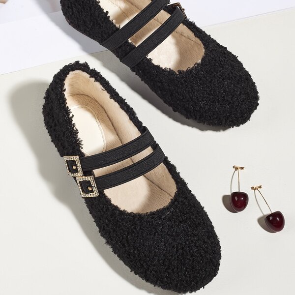 

Toddler Girls Buckle Decor Fluffy Flats, Black