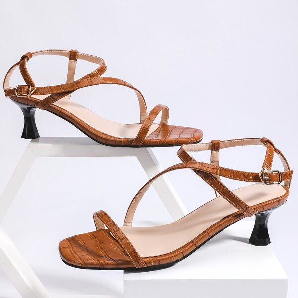 

Cross Strap Spool Heeled Sandals, Coffee brown