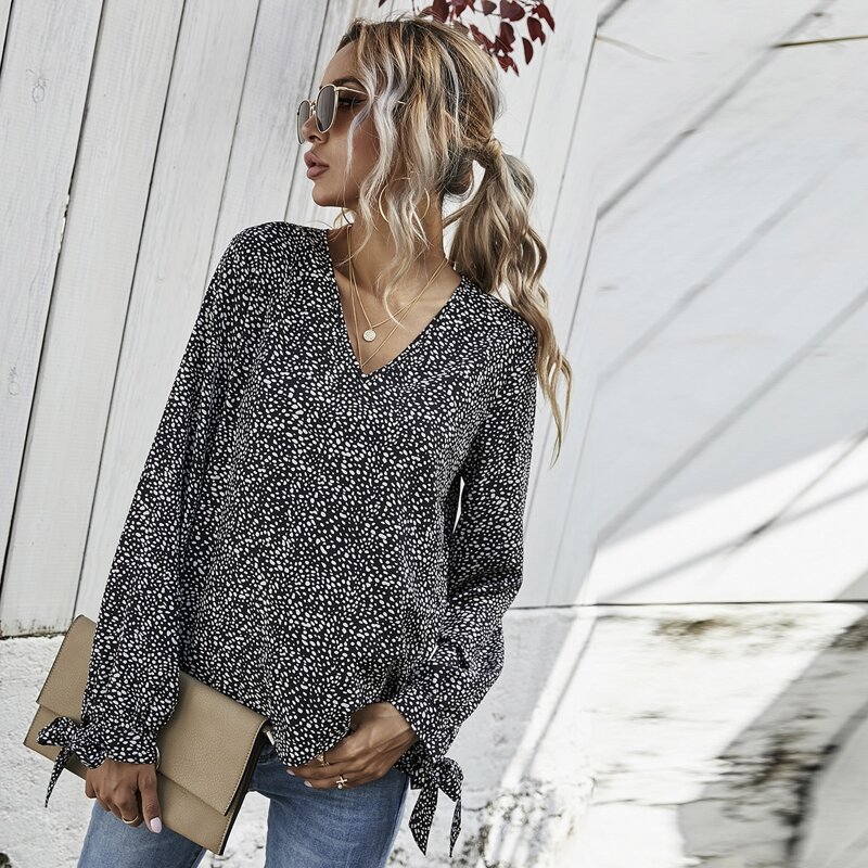 

V-neck Tie Cuff Allover Print Blouse, Black
