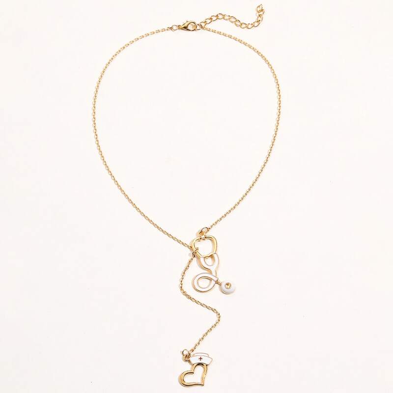 

Stethoscope & Heart Design Y-lariat Necklace, Gold