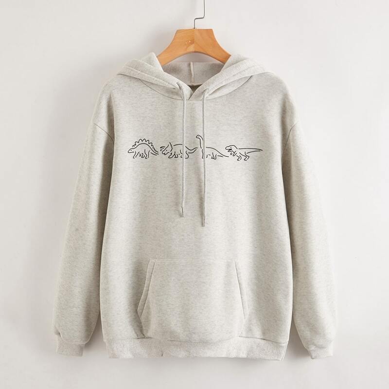 

Dinosaur Cartoon Graphic Drawstring Hoodie, Light grey
