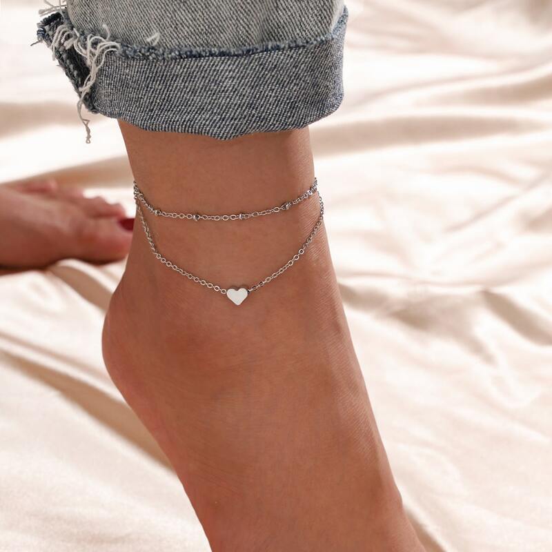 

Heart Decor Layered Anklet, Silver