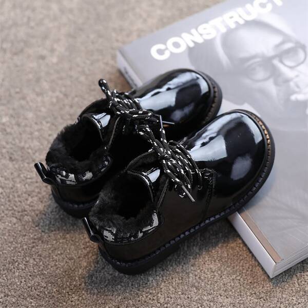 

Girls Lace-up Front Plush Inside Flats, Black