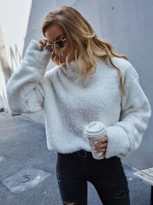 EMERY ROSE High Neck Drop Shoulder Teddy Sweatshirt - White - View 3