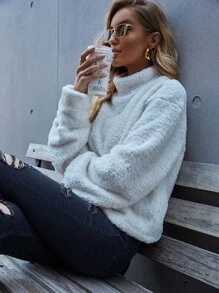 EMERY ROSE High Neck Drop Shoulder Teddy Sweatshirt - White - View 6