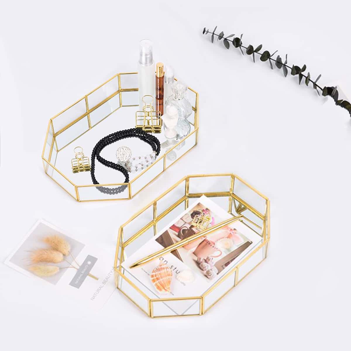 

1pc Clear Jewelry Storage Box, Gold