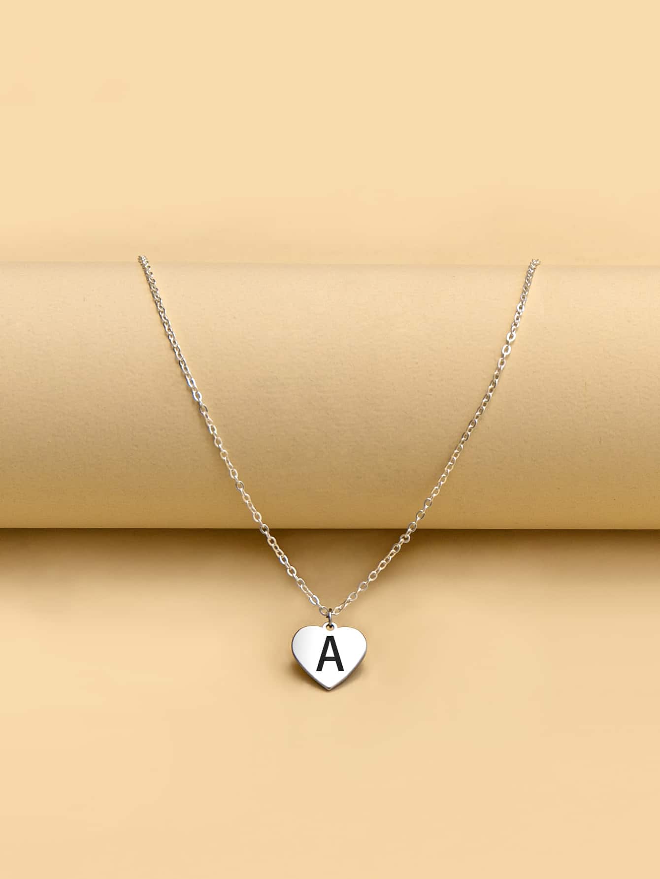 字母設計心形吊飾項鍊首飾禮物生日禮物送給女士妻子女孩 - 銀色 - 查看 1