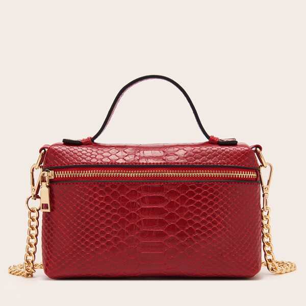 

Snakeskin Print Chain Satchel Bag, Red