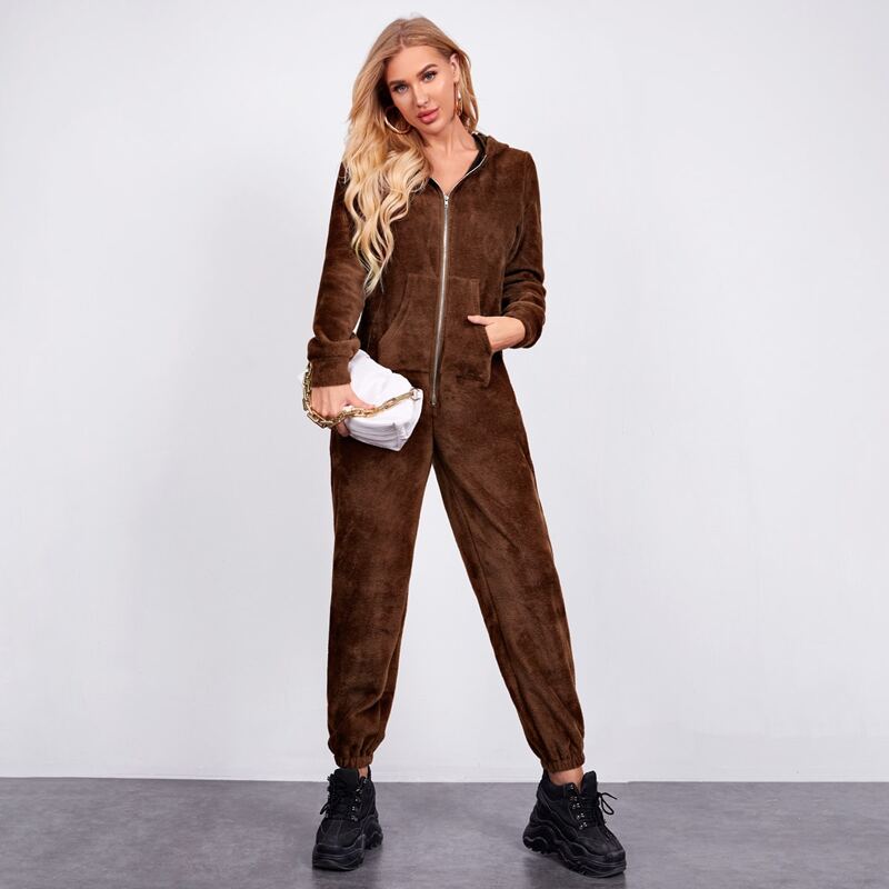 

Zip Up 3D Ear Hooded Flannel Jumpsuit, Coffee brown