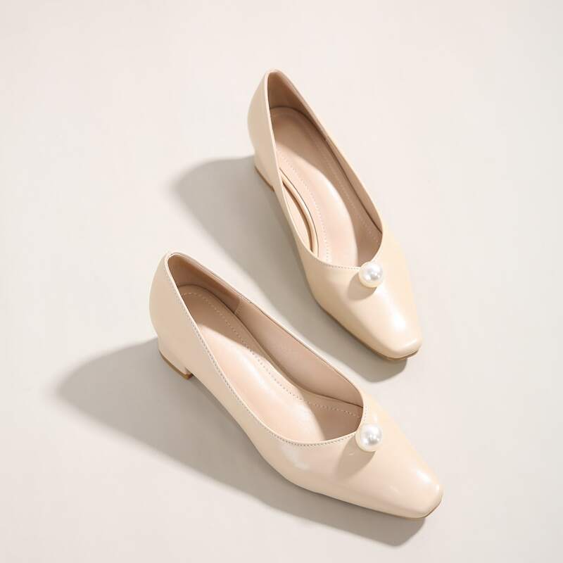 

Faux Pearl Decor Chunky Court Heels, Khaki