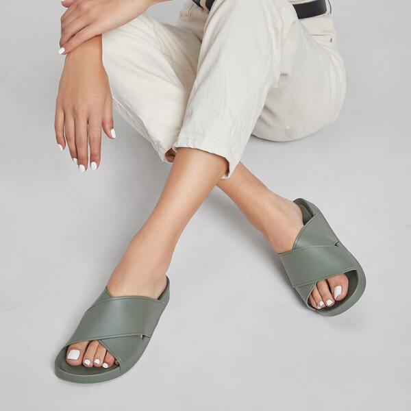 

Crisscross Vamp Almond Toe Slide Sandals, Army green