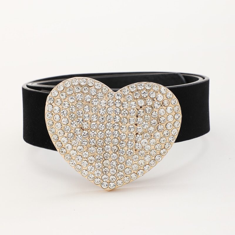 

Rhinestone Heart Buckle Belt, Black