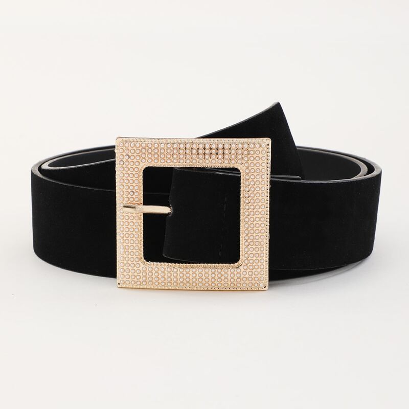 

Faux Pearl Buckle Velvet Belt, Black
