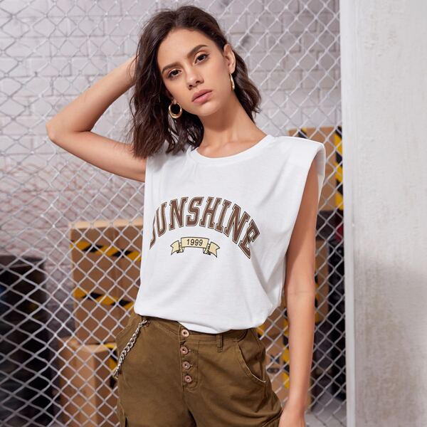 

Shoulder Padded Letter Graphic Tank Top, White