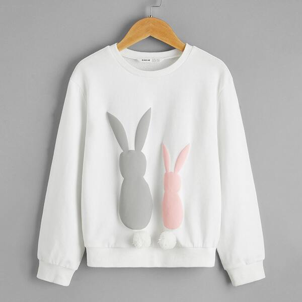 

Girls Rabbit Print Drop Shoulder Pom Pom Detail Pullover, White
