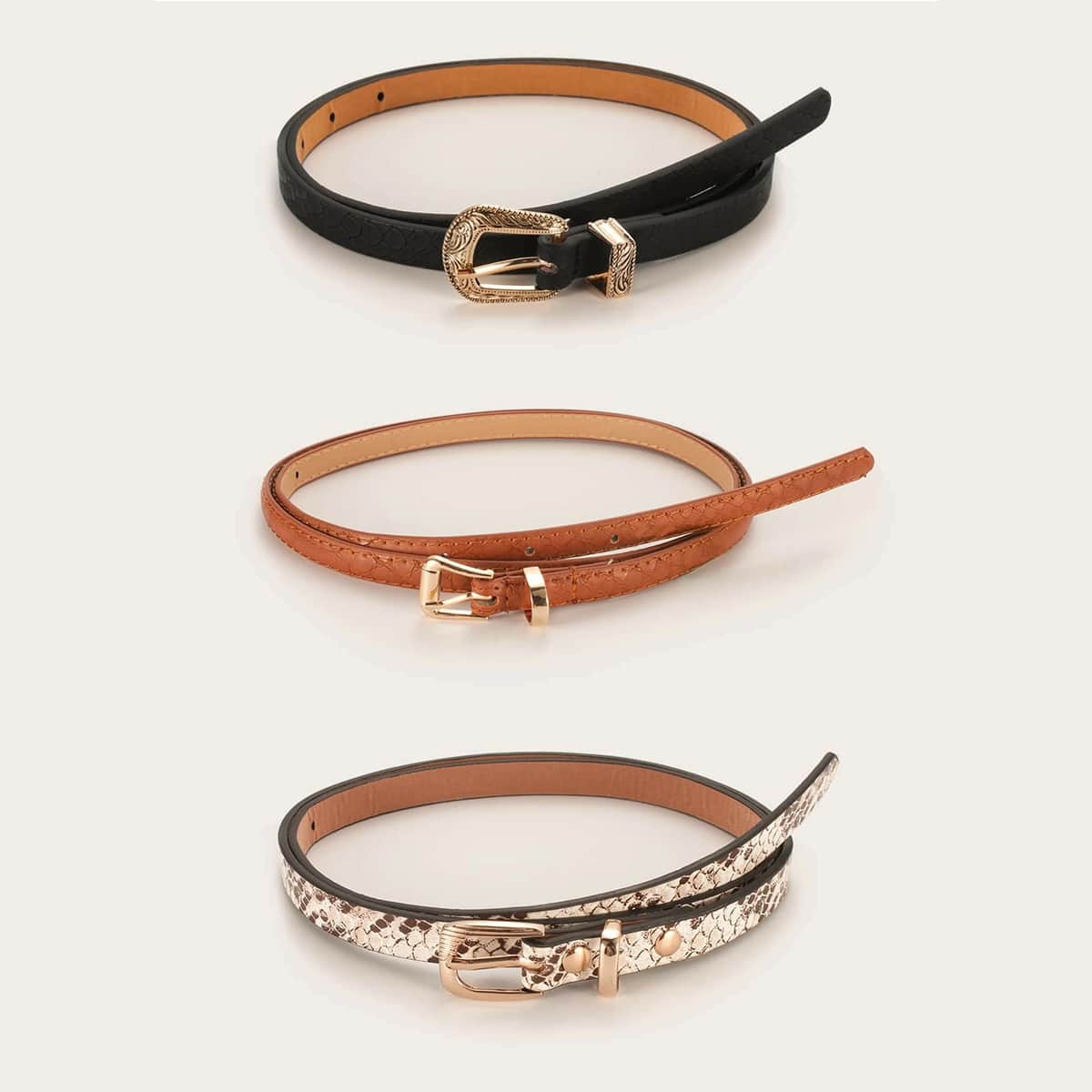 

3pcs Snakeskin Skinny Belt, Multicolor