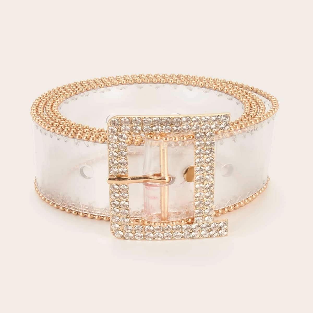 

Beaded Trim Rhinestone Buckle Clear Belt