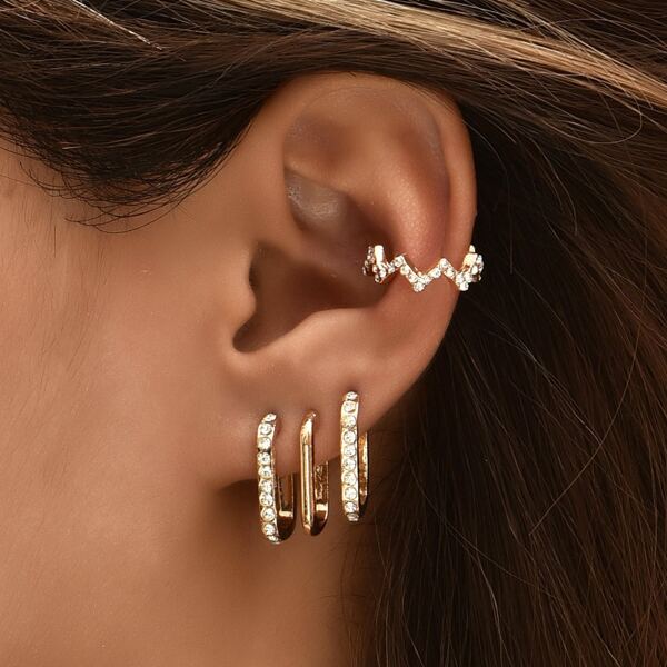

4pcs Rhinestone Decor Earrings, Gold