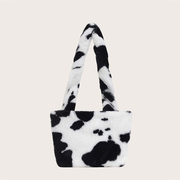 

Girls Cow Pattern Fluffy Shoulder Bag, Black and white