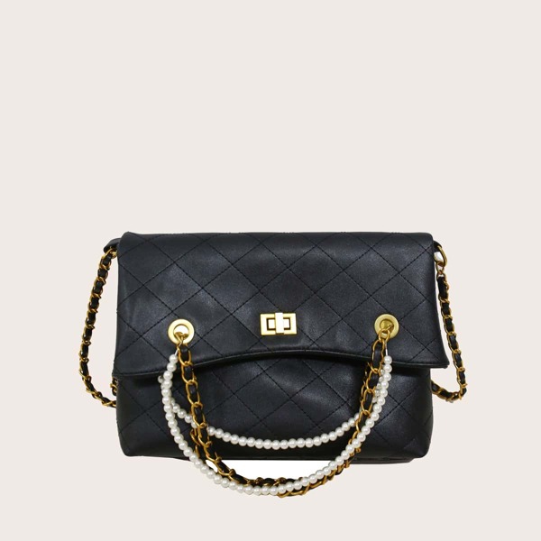 

Faux Pearl Handle Turn-Lock Tote Bag, Black