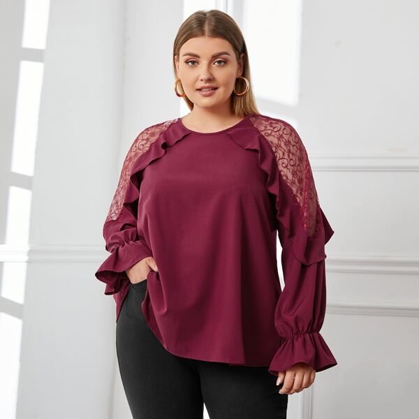 

Plus Contrast Lace Ruffle Trim Flounce Sleeve Blouse, Maroon
