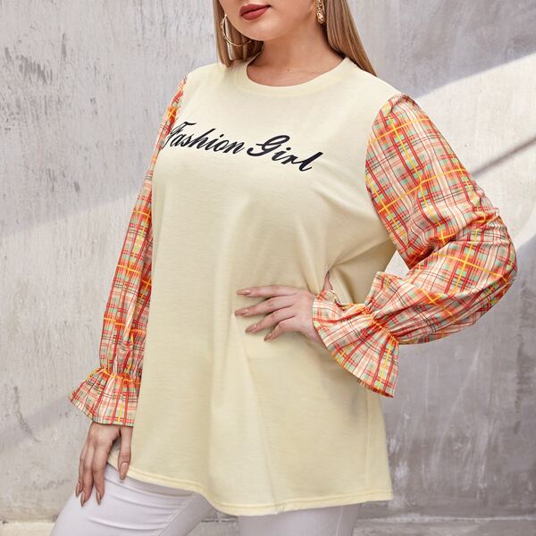

Plus Plaid And Letter Graphic Flounce Sleeve Tee, Pastel yellow