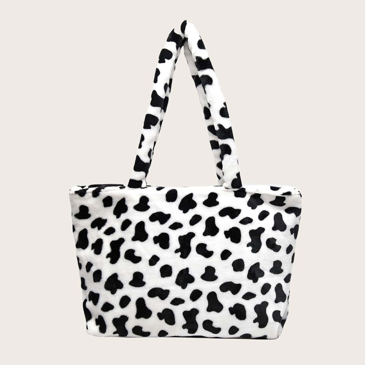 

Fluffy Cow Pattern Tote Bag, Black and white