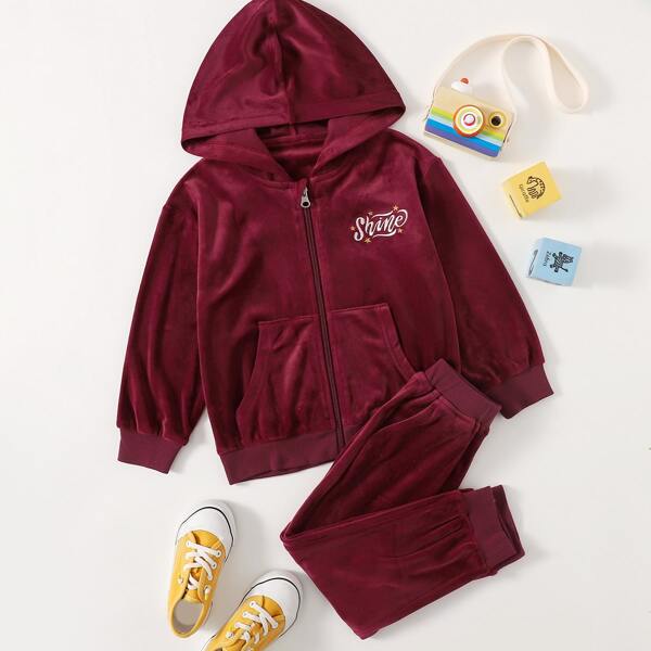 

Toddler Girls Letter Embroidery Velvet Hoodie & Sweatpants, Maroon