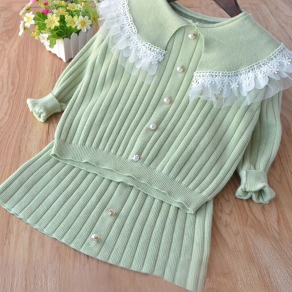 

Girls Contrast Lace Sweater & Knit Skirt, Mint green