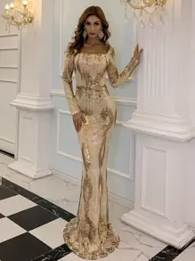 Missord 方领亮片美人鱼下摆舞会礼服优雅长袖正式晚会婚礼宾客礼服，适合毕业典礼、晚宴 - 金色 - 查看 2