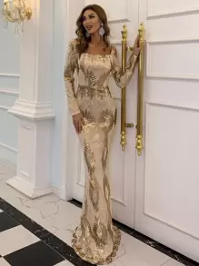 Missord 方领亮片美人鱼下摆舞会礼服优雅长袖正式晚会婚礼宾客礼服，适合毕业典礼、晚宴 - 金色 - 查看 1