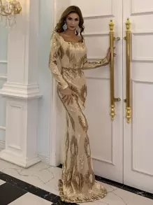 Missord 方领亮片美人鱼下摆舞会礼服优雅长袖正式晚会婚礼宾客礼服，适合毕业典礼、晚宴 - 金色 - 查看 7