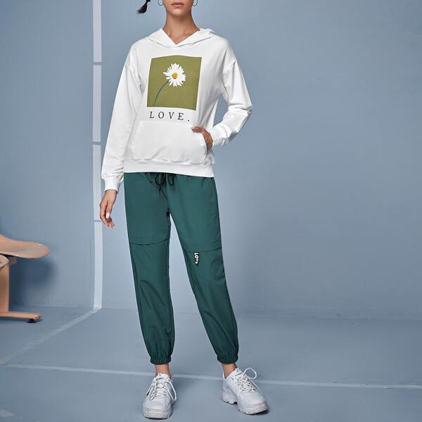 

Daisy & Letter Print Hoodie & Drawstring Sweatpants, Multicolor