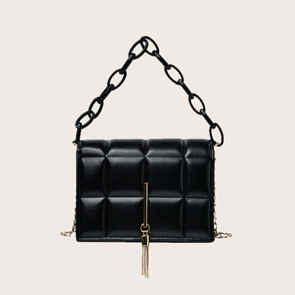 

Tassel Decor Quilted Chain Satchel Bag, Black