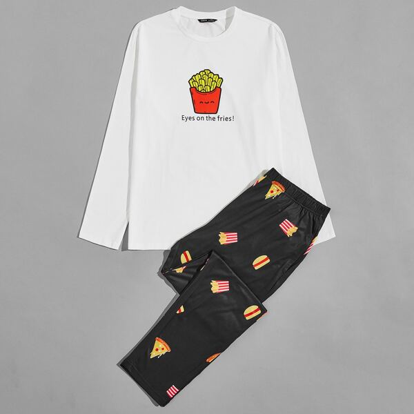 

Men Letter and Cartoon Graphic Top & Pants PJ Set, Black and white