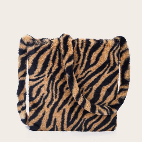 

Tiger Print Fluffy Crossbody Bag, Khaki