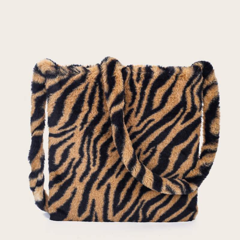 

Tiger Print Fluffy Crossbody Bag, Khaki