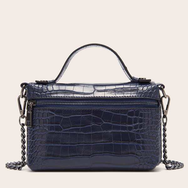 

Croc Embossed Chain Satchel Bag, Navy blue