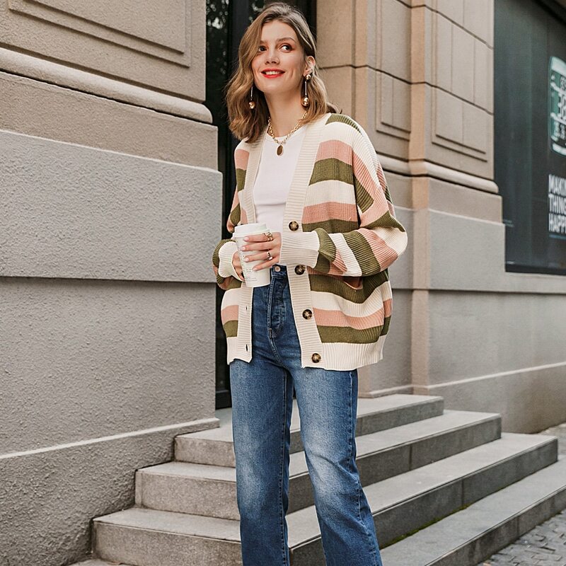 

Button Front Drop Shoulder Striped Cardigan, Multicolor