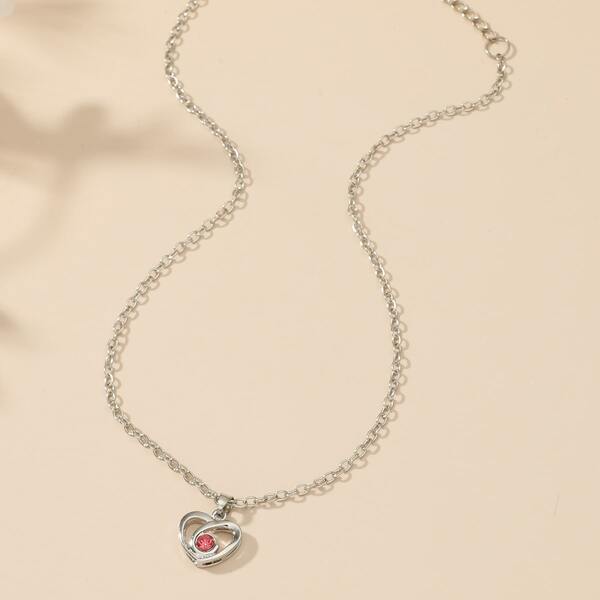 

Rhinestone Decor Heart Pendant Necklace, Silver