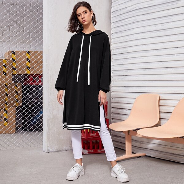 

Lantern Sleeve Split Striped Hem Drawstring Hoodie, Black