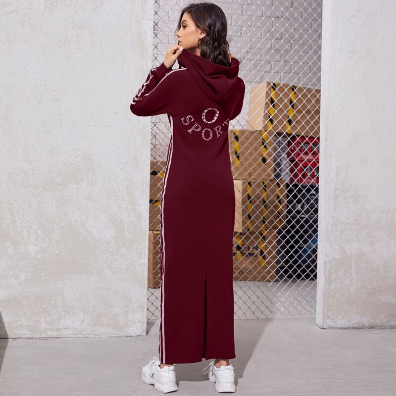 

Letter Graphic Striped Side Drawstring Hooded Sweatshirt Dress, Maroon