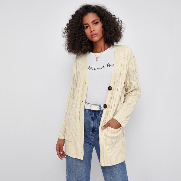 

Button Front Patch Pocket Cable Knit Cardigan, Beige
