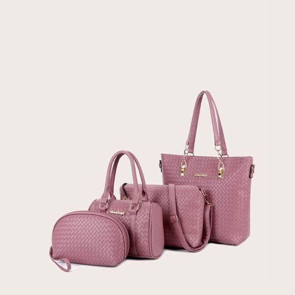 

4pcs Braided Tote Bag Set, Pink