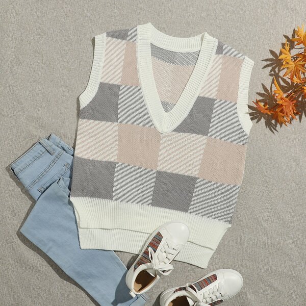 

Gingham Pattern High Low Sweater Vest, Multicolor