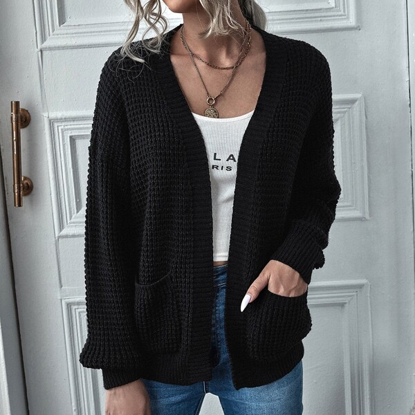 

Dual Pockets Drop Shoulder Cardigan, Black