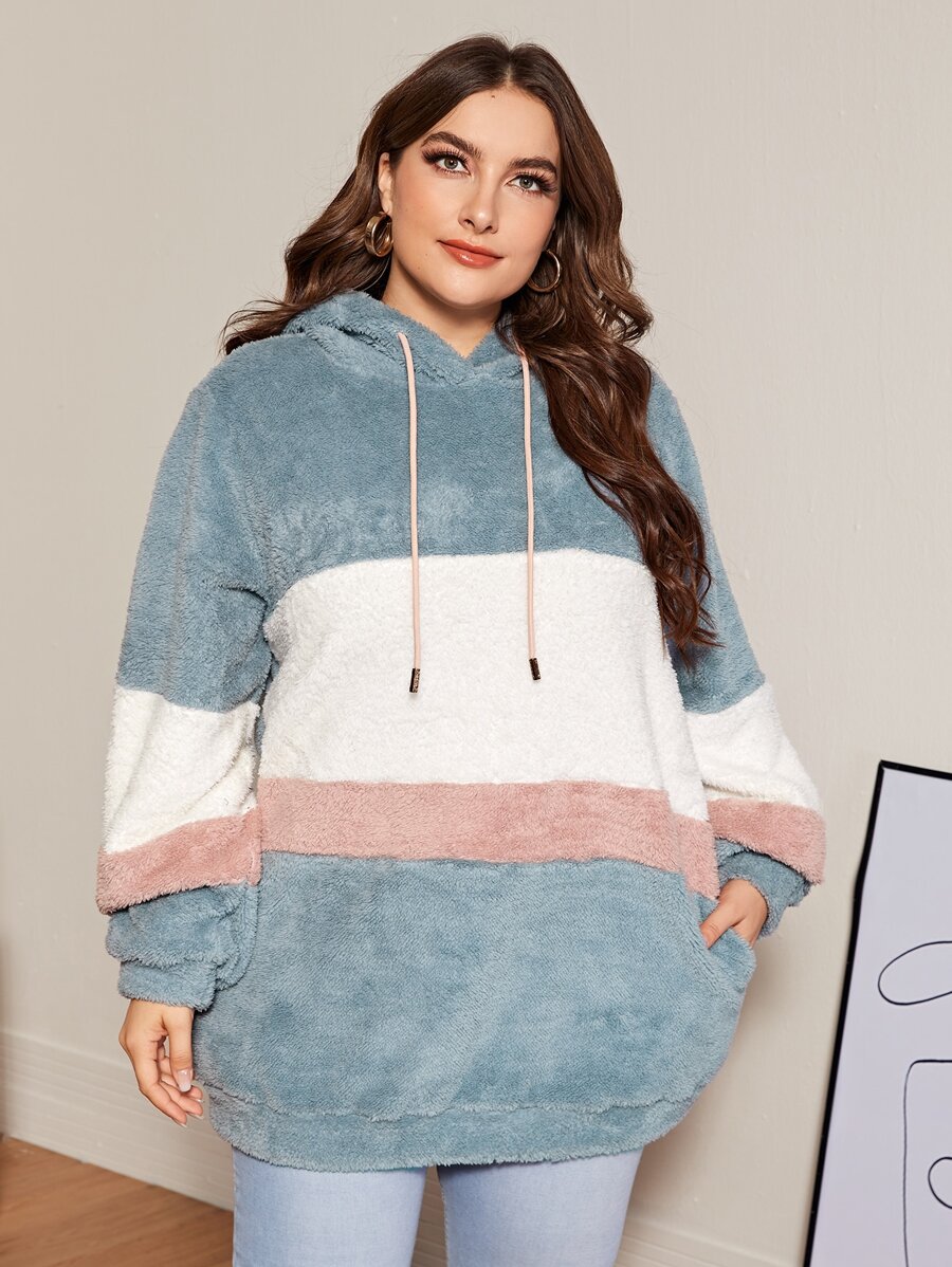 Mulvari 大碼拼接抽繩絨毛連帽衫 - 彩色 - 查看 1