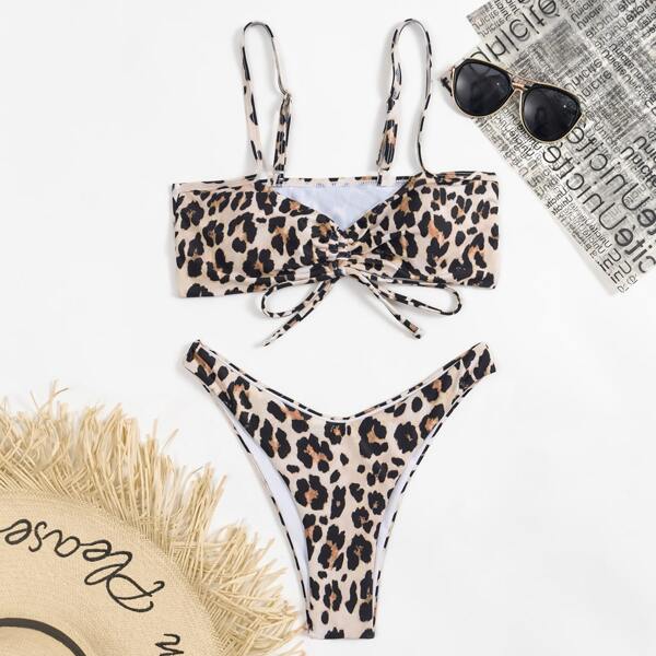 

Leopard Drawstring Front High Cut Bikini Swimsuit, Multicolor