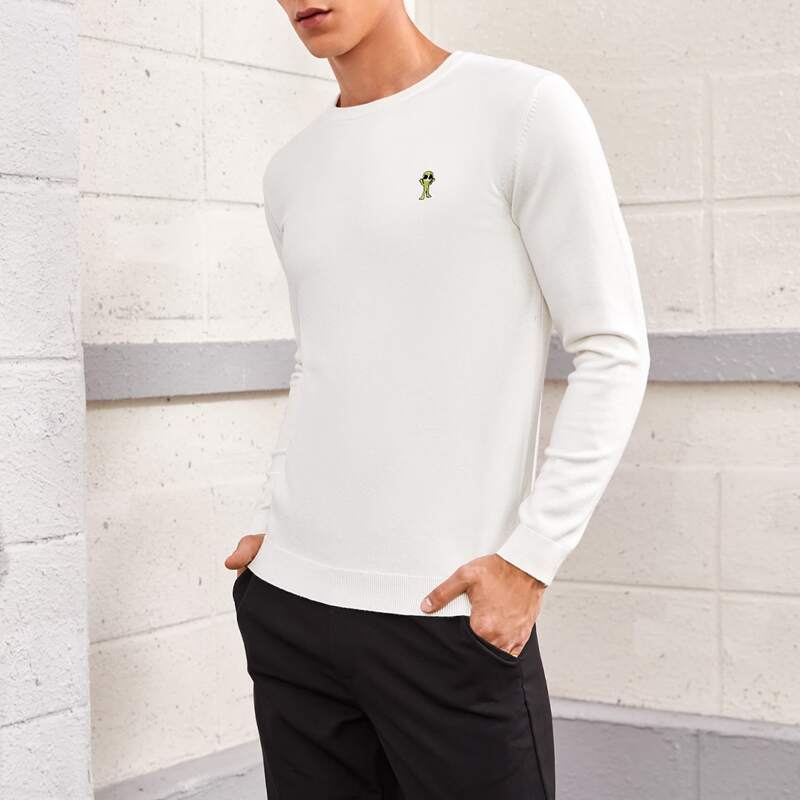 

Guys Cartoon Embroidered Sweater, White