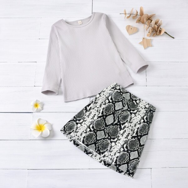 

Toddler Girl Rib-knit Tee & Snakeskin Skirt Set, Grey